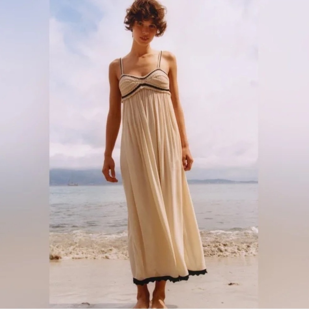 Zara Neutral Flowy Sleeveless Crochet Knit Neutral Beachy Summer Ecru Boho Dress